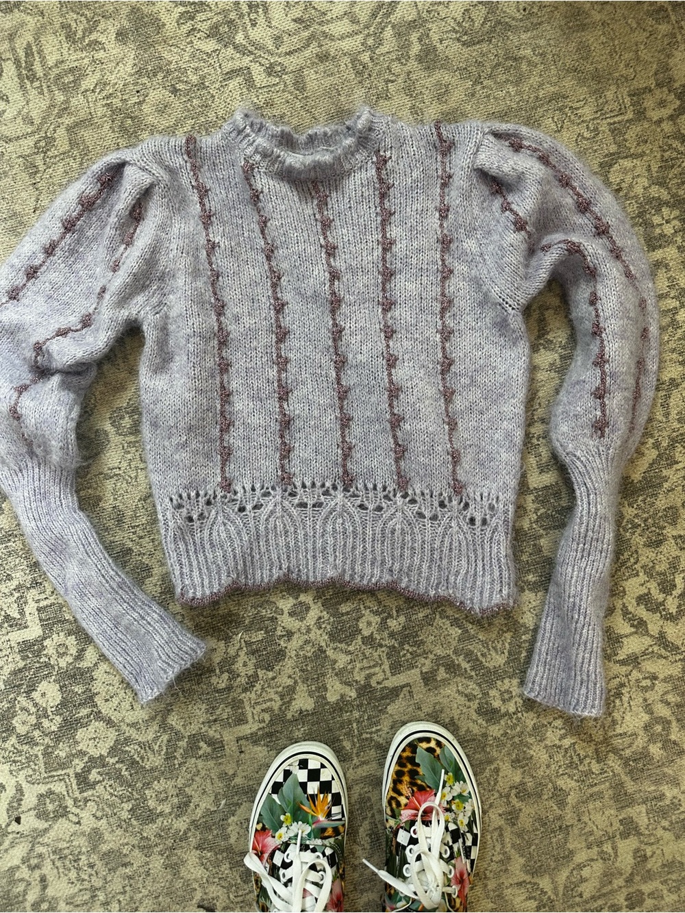 Zara Lavender Knit Puff-Sleeve Sweater with Decorative Hem